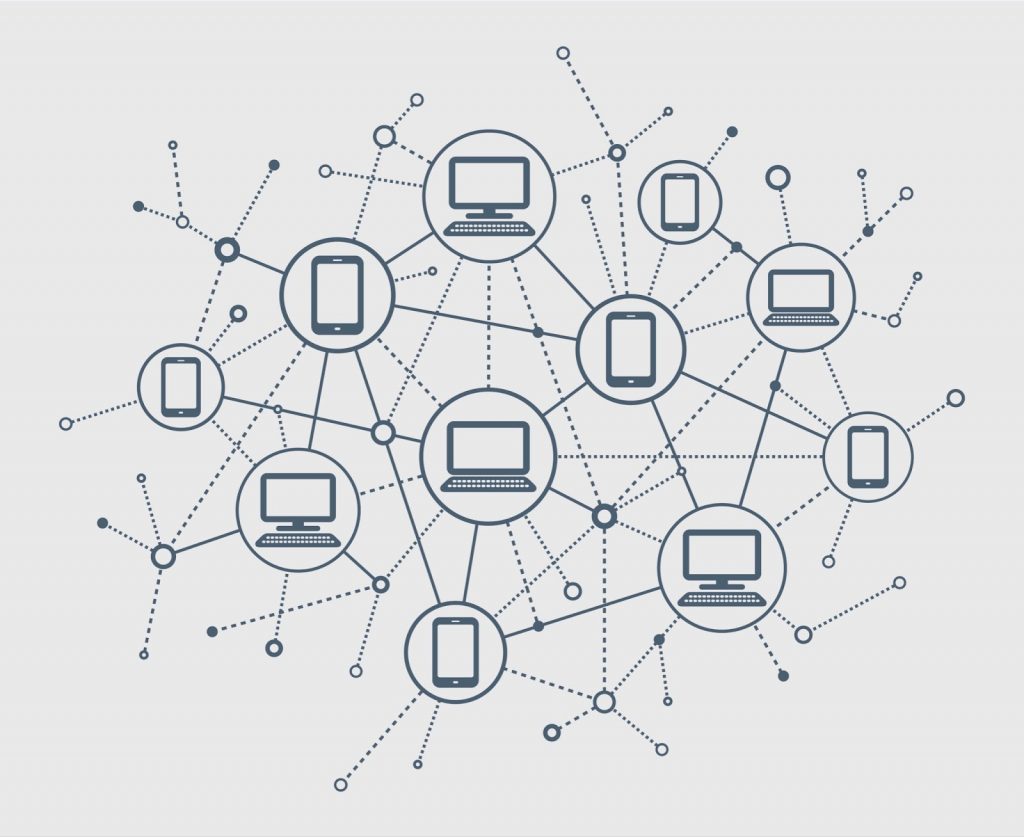 Illustrative image showing Web3 nodes connected to computers and phones via an electronic grid