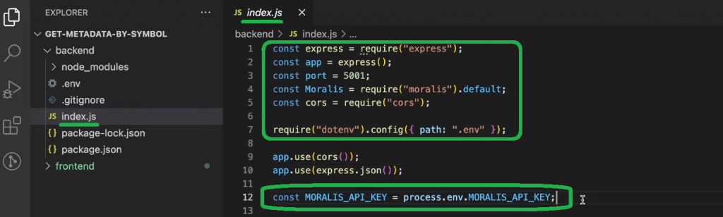 index.js file showing the code structure and endpoints to get token metadata