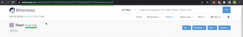 landing page of cool cats nft contract on etherscan