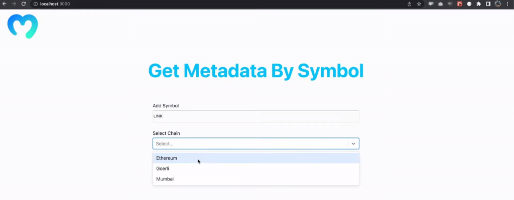 landing page of our dapp showing the get metadata by symbol title and two input fields