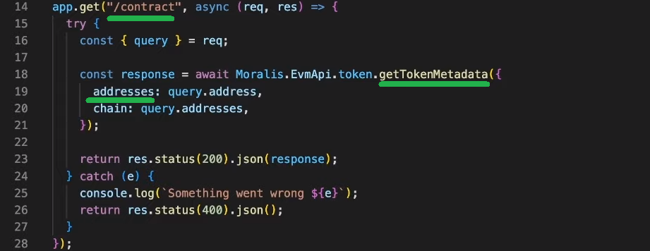 getTokenMetadata endpoint and addresses parameter inside visual studio code