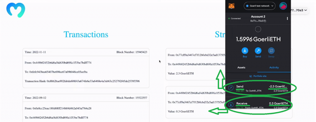 transaction details on metamask and the streams section on the application page