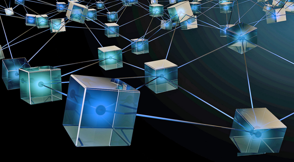 multiple blocks connected via chains and nodes to illustrate blockchains