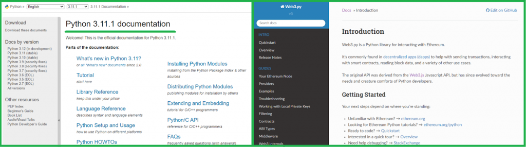 side by side documentation pages for ethereum python implementation