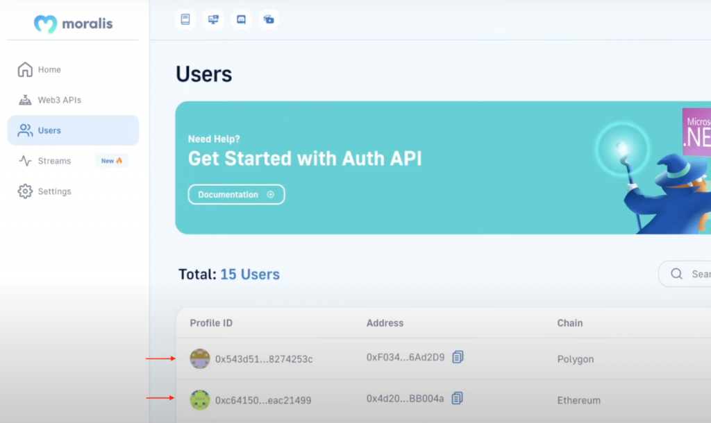 users page on moralis admin panel