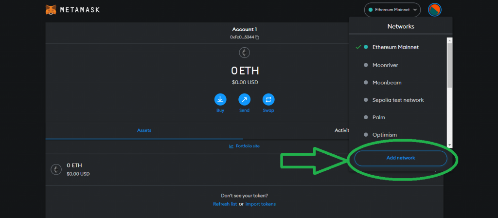 MetaMask module showing how to add the BNB testnet network