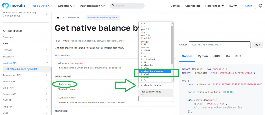 Moralis documentation page showing code structure on how to connect to the Fuji testnet from Avalanche