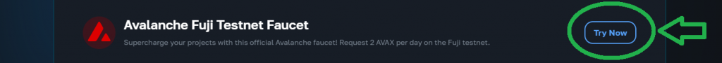Try Now button for the Fuji testnet on the Moralis Faucet page