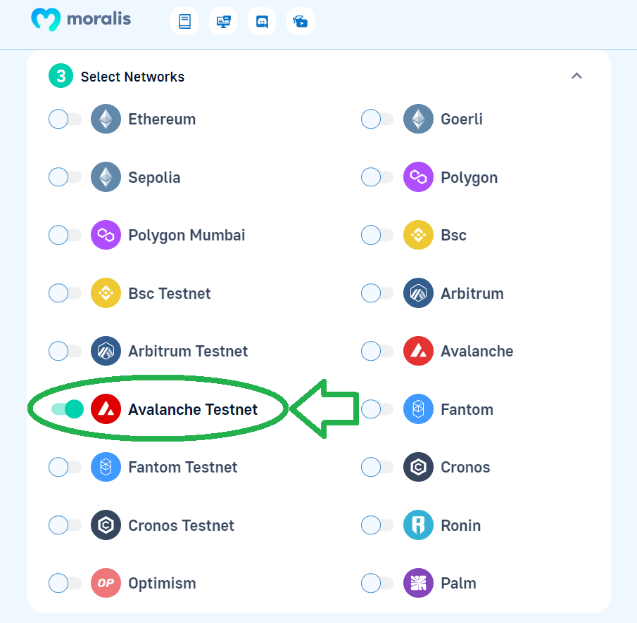 Moralis admin panel outlining all supported networks and a button for the Avalanche testnet switched to ON