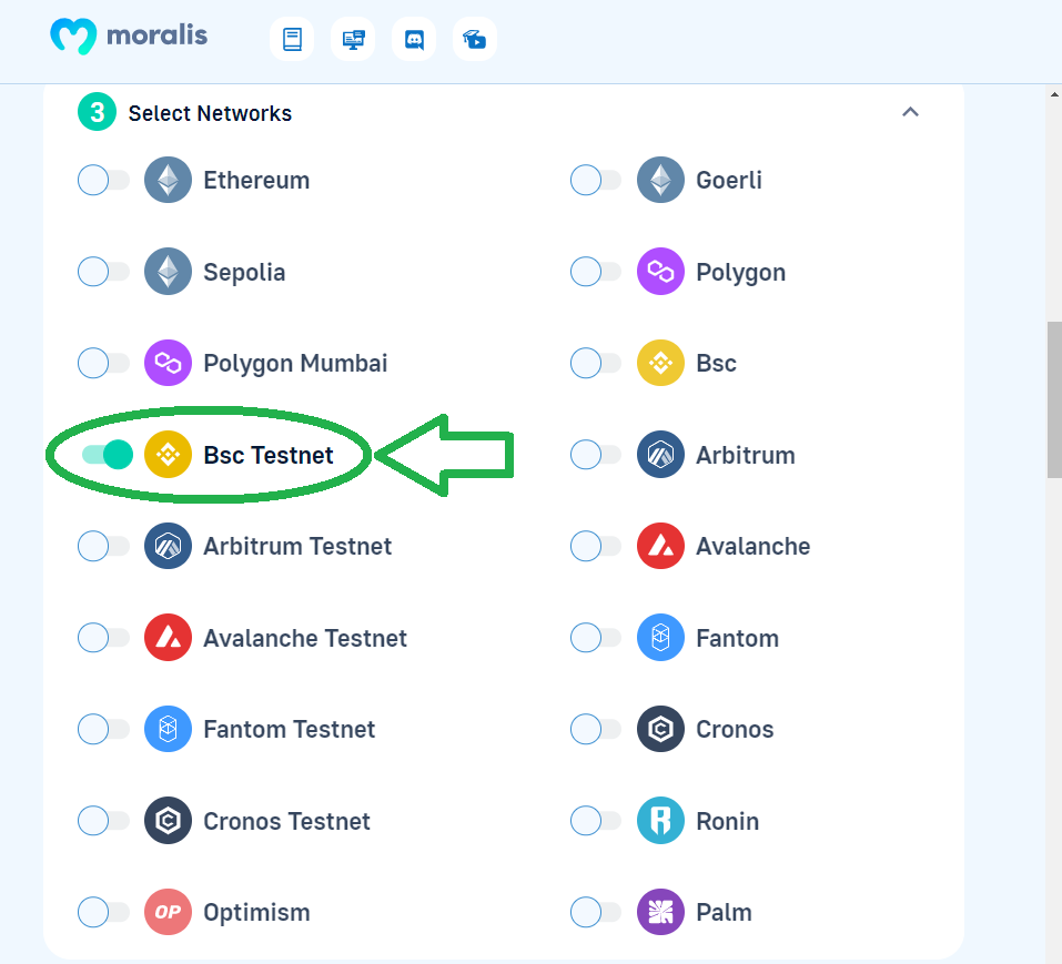 BSC testnet switch button on the Moralis admin panel