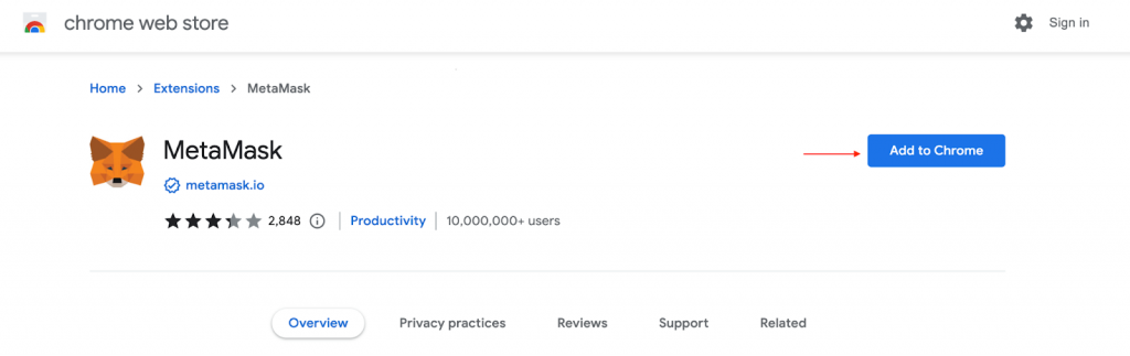 MetaMask inside the Chrome web store from Google