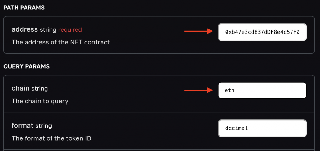 Input parameters for the ERC721 token documentation page