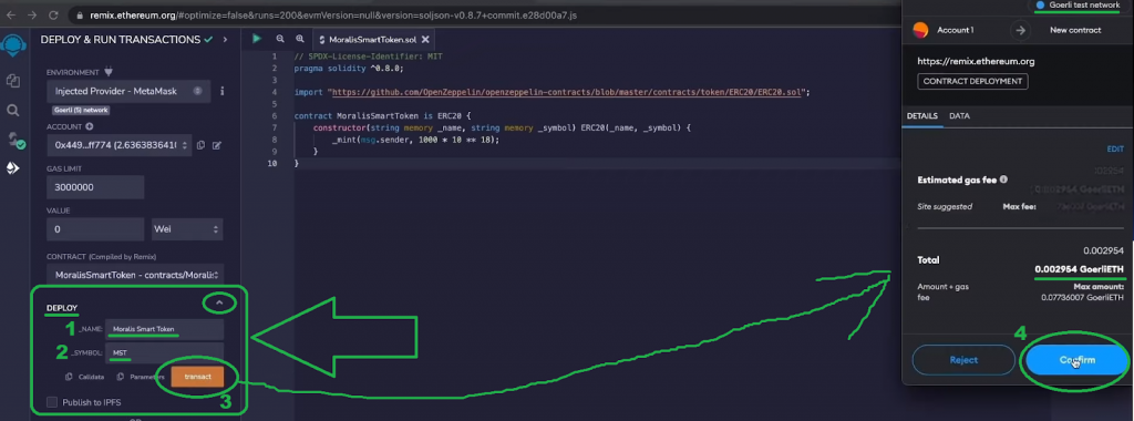 Confirm button on the MetaMask module to deploy the OpenZeppelin contract in Remix