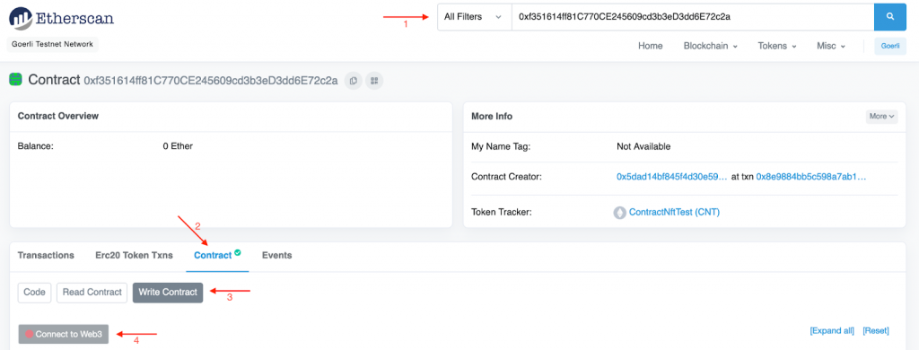 Etherscan page showing tab to mint NFT from contract using the write button