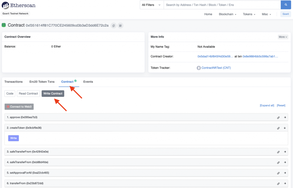 contract on Etherscan and the write contract button