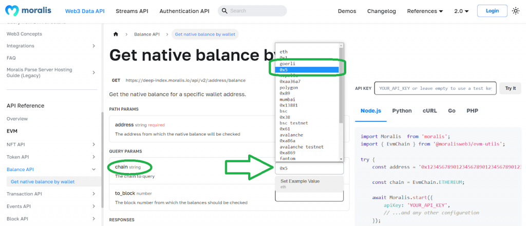 Moralis documentation page showing available networks, including the Goerli testnet