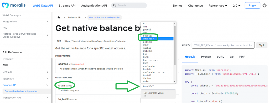 Documentation page showing parameters to connect to a Sepolia faucet