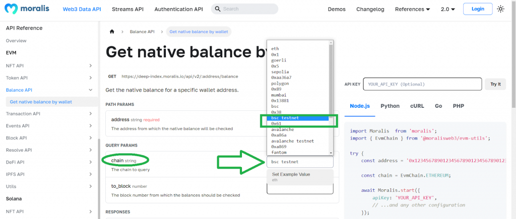 Documentation page showing parameters and code structure to connect to BNB testnet