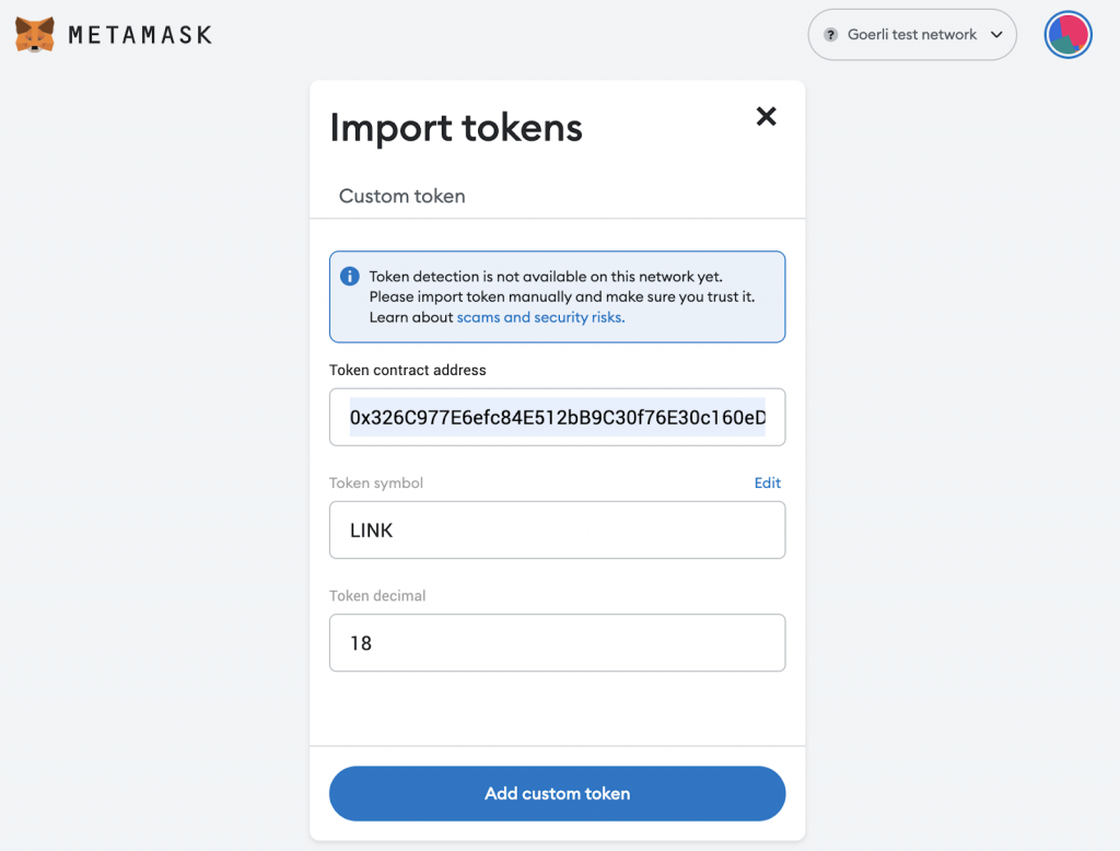 Entering the testnet LINK token information in the entry field