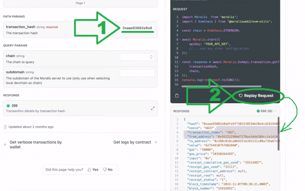 result example from using the docs to get Ethereum Transcation Details