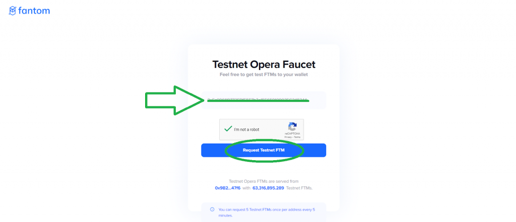 FTM faucet landing page and the request testnet FTM button