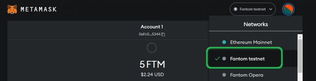 MetaMask UI showing Fantom Testnet 