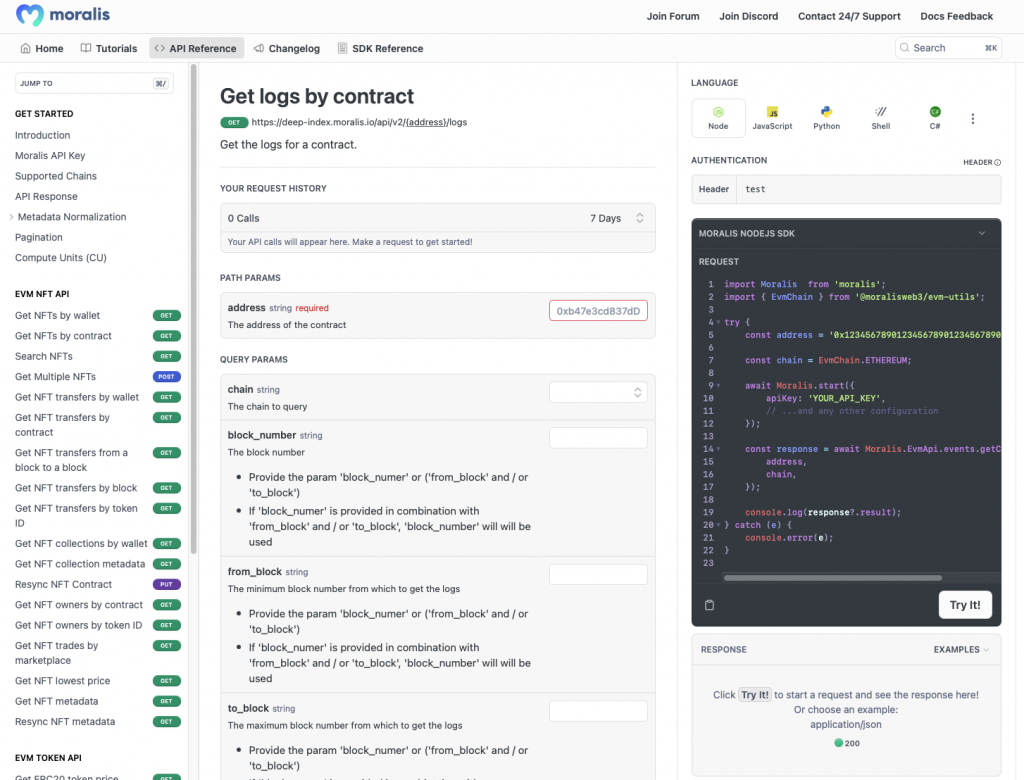 get logs by contract documentation page showing the get contract logs endpoint