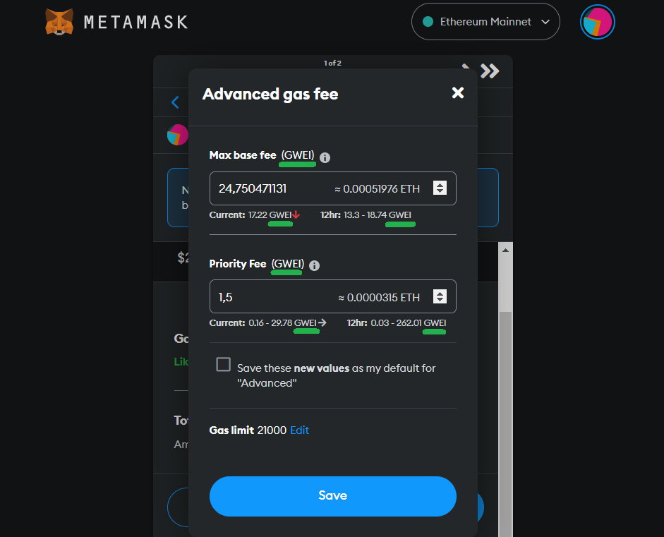 MetaMask module showing gwei to ether and USD calculations