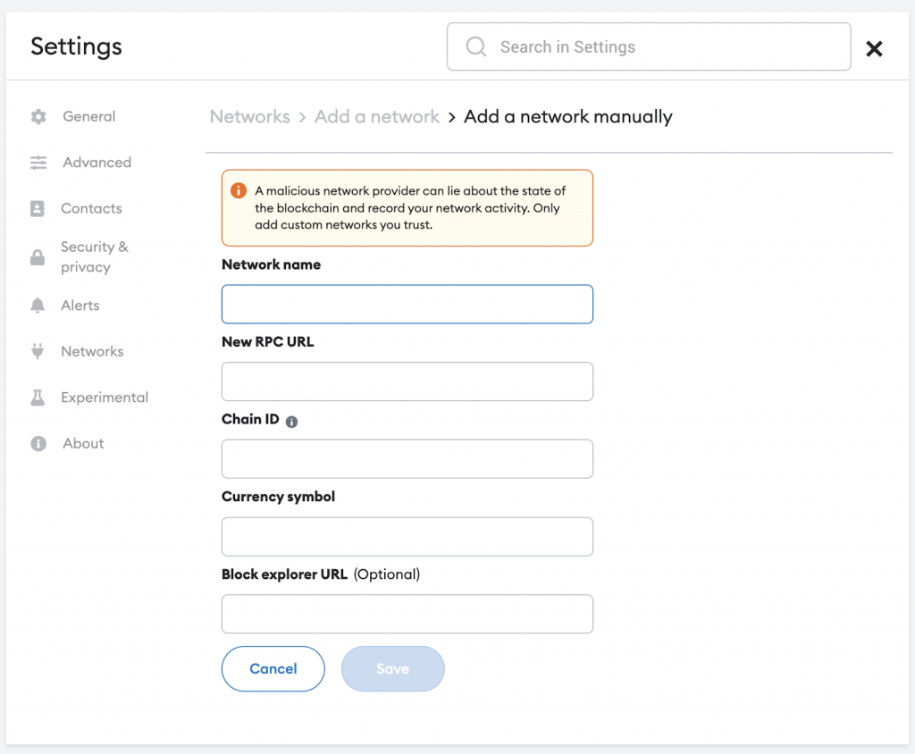 Showing the input entry fields to add a new network inside MetaMask