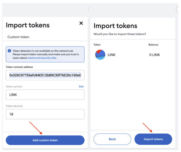 Add testnet LINK token to MetaMask button