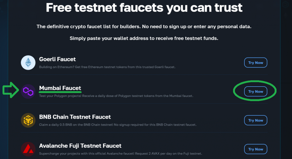 Testnet faucets outlined, including the Mumbai faucet, Goerli faucet, and Avalanche faucet