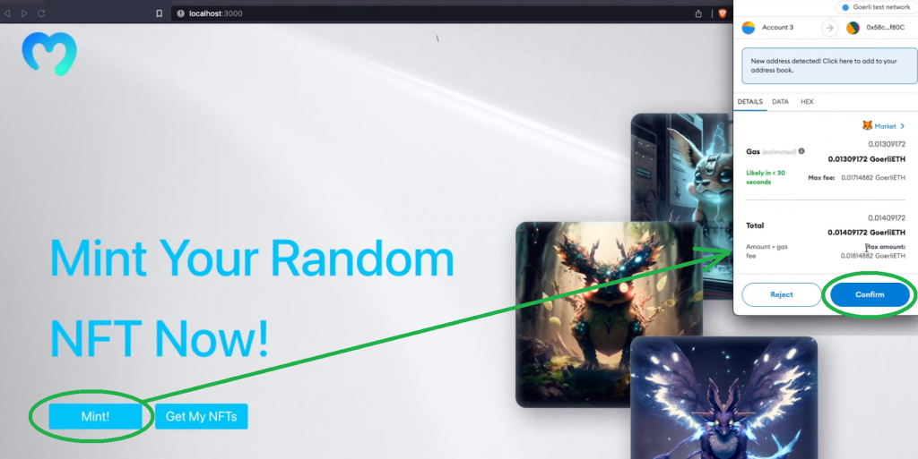 Confirm button on MetaMask and the Build Chainlink NFT button on our landing page