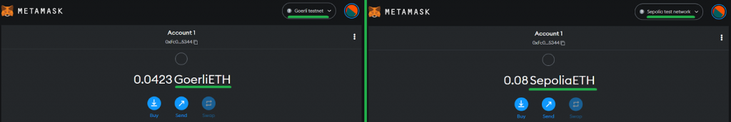 MetaMask determining the best Ethereum faucet by showing two testnet coin examples in the MetaMask wallet