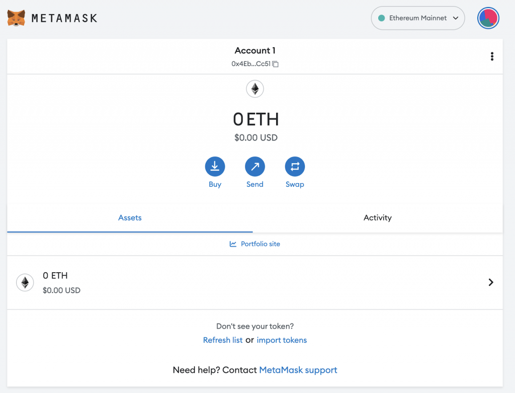 Initial landing UI inside MetaMask