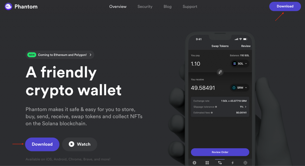 Phantom Wallet Landing Page - Arrow on Download Button