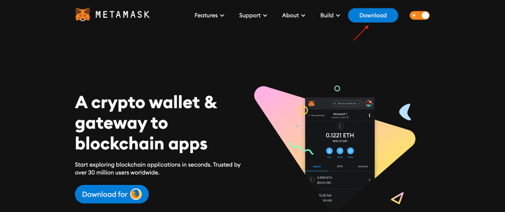 MetaMask landing page showing the Download button