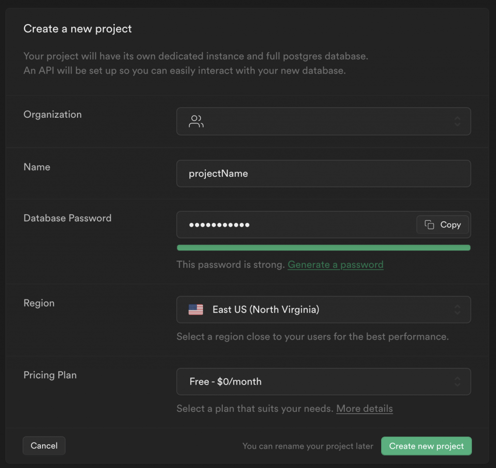 Entering project parameters such as name, password, region, and pricing plan for our Supabase Auth project