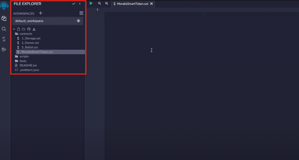 The Remix IDE and a newly initiated project called MoralisSmartToken.sol