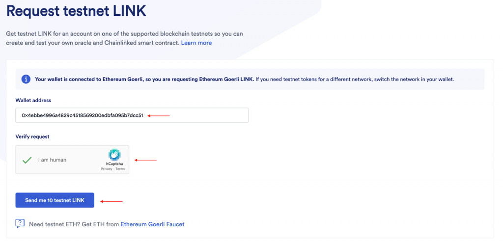 Request testnet LINK button and the wallet address entry field on the Chainlink testnet faucet page