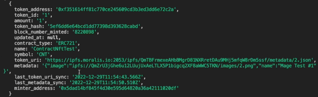 JSON response showing the final NFT mint results and details