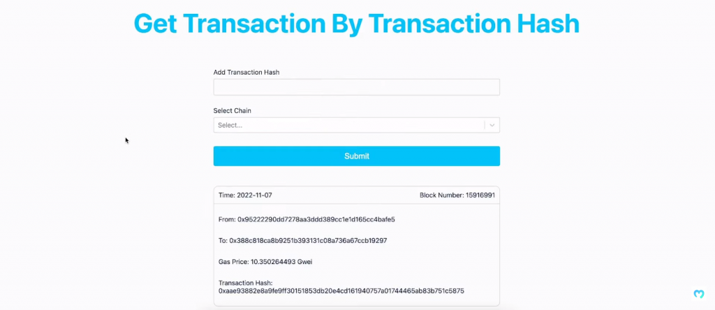 results from an Ethereum transaction example after using the entry fields