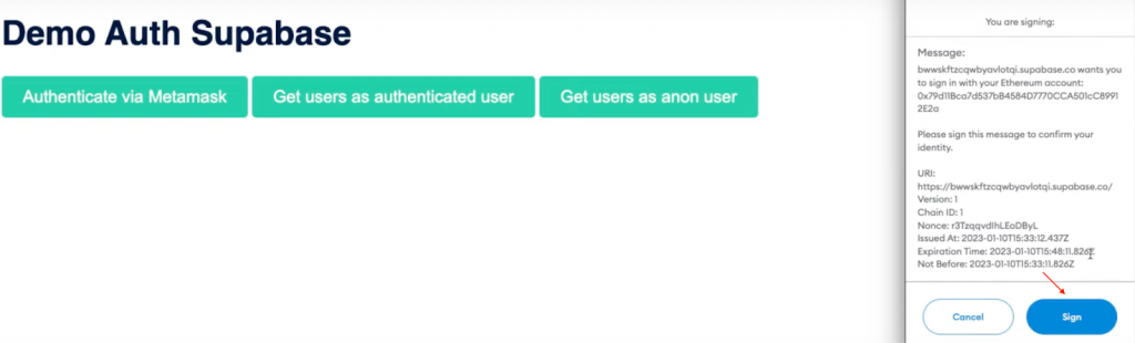 Signing wallet prompt to enable Supabase authentication