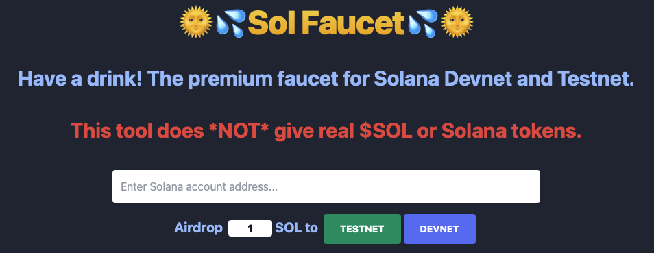 Landing Page of the Solana Faucet from Moralis