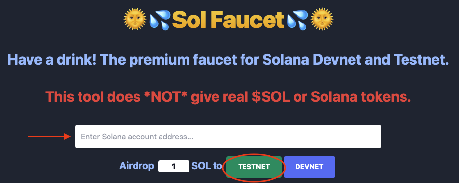 Entering the wallet address in the entry field on the SOL Faucet page