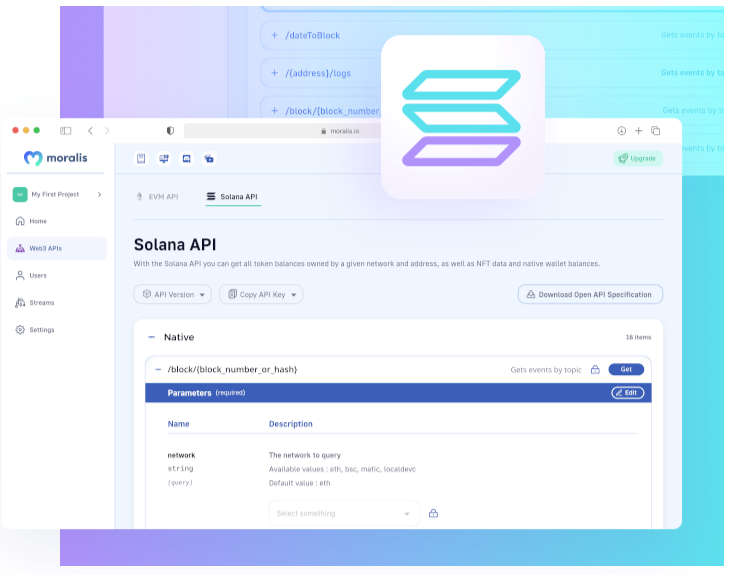 Solana Testnet API landing page on Moralis