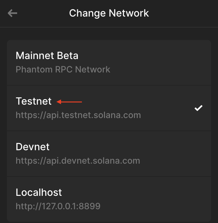 Selecting the Solana Testnet