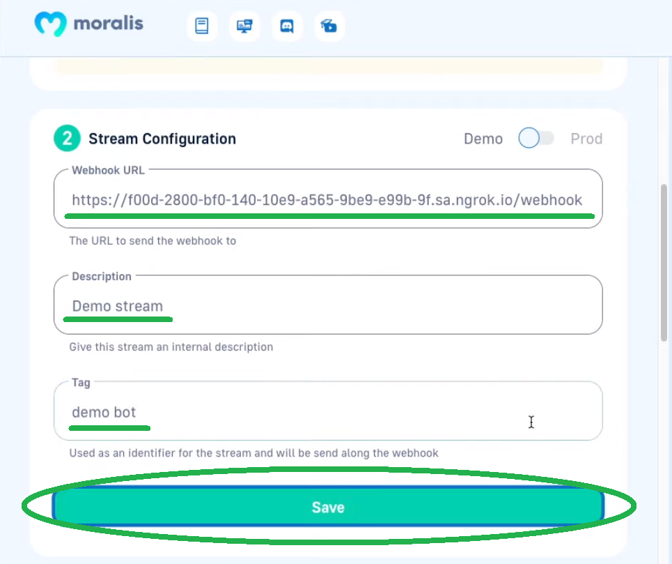 Save button to save our stream configuration