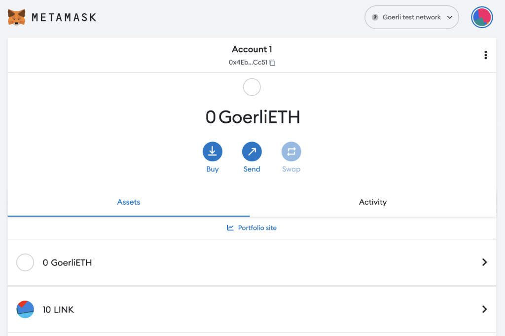 10 testnet LINK tokens added to MetaMask wallet