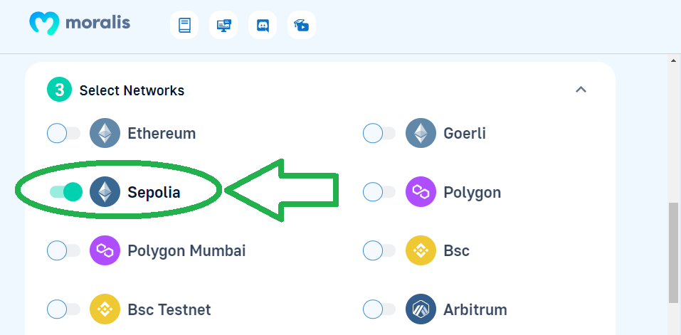 Sepolia button switch on the Moralis admin panel page