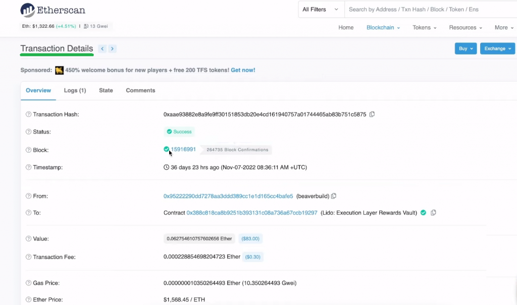 Transaction Details page showing a table with information for an Ethereum Transaction